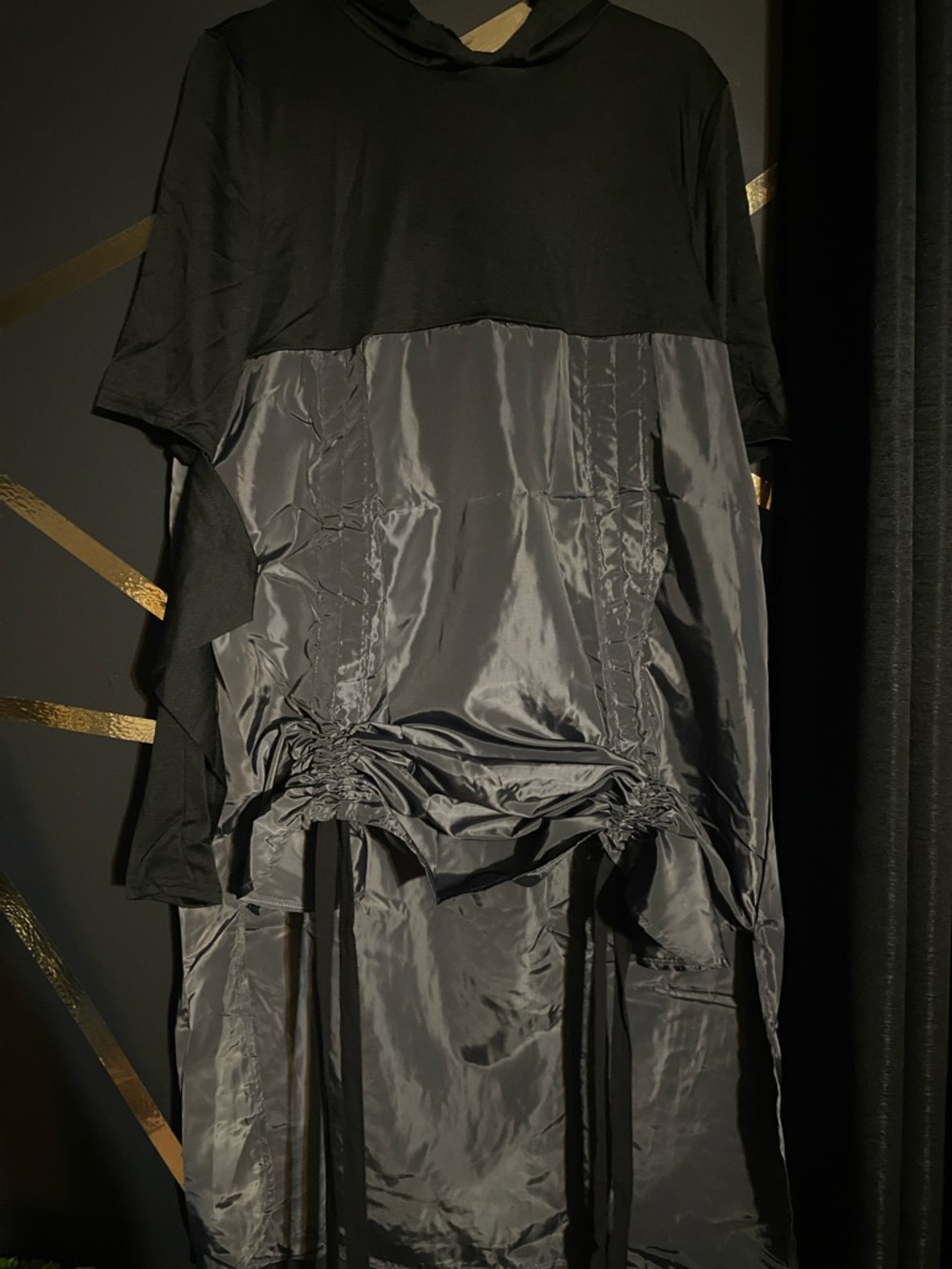 Two-Tone Black & Charcoal Satin Drawstring Dress with Hood
